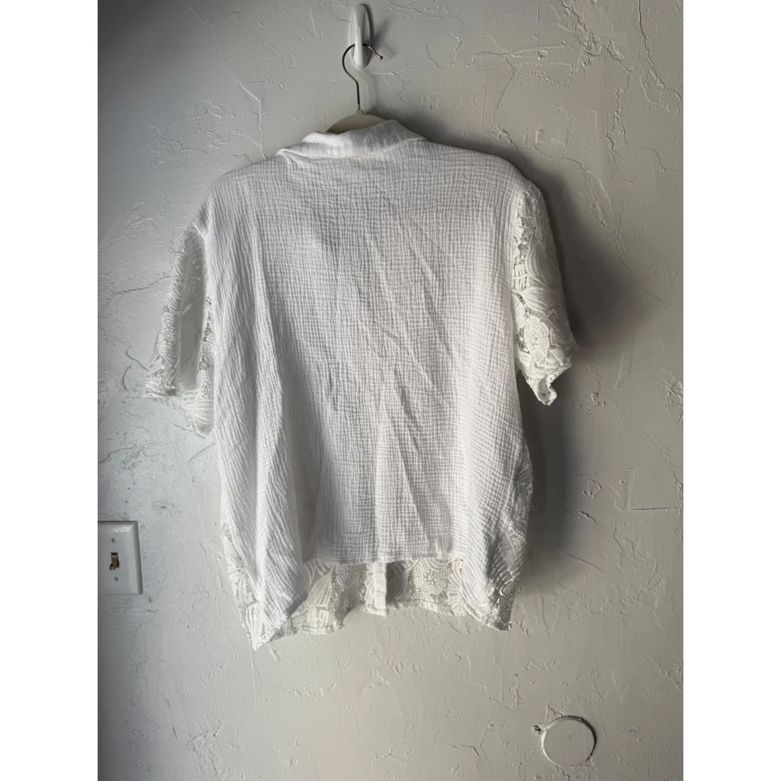 Peach White Lace Crochet Button Down Short Sleeve Shirt Top L Coquette Victorian Size L - Image 5