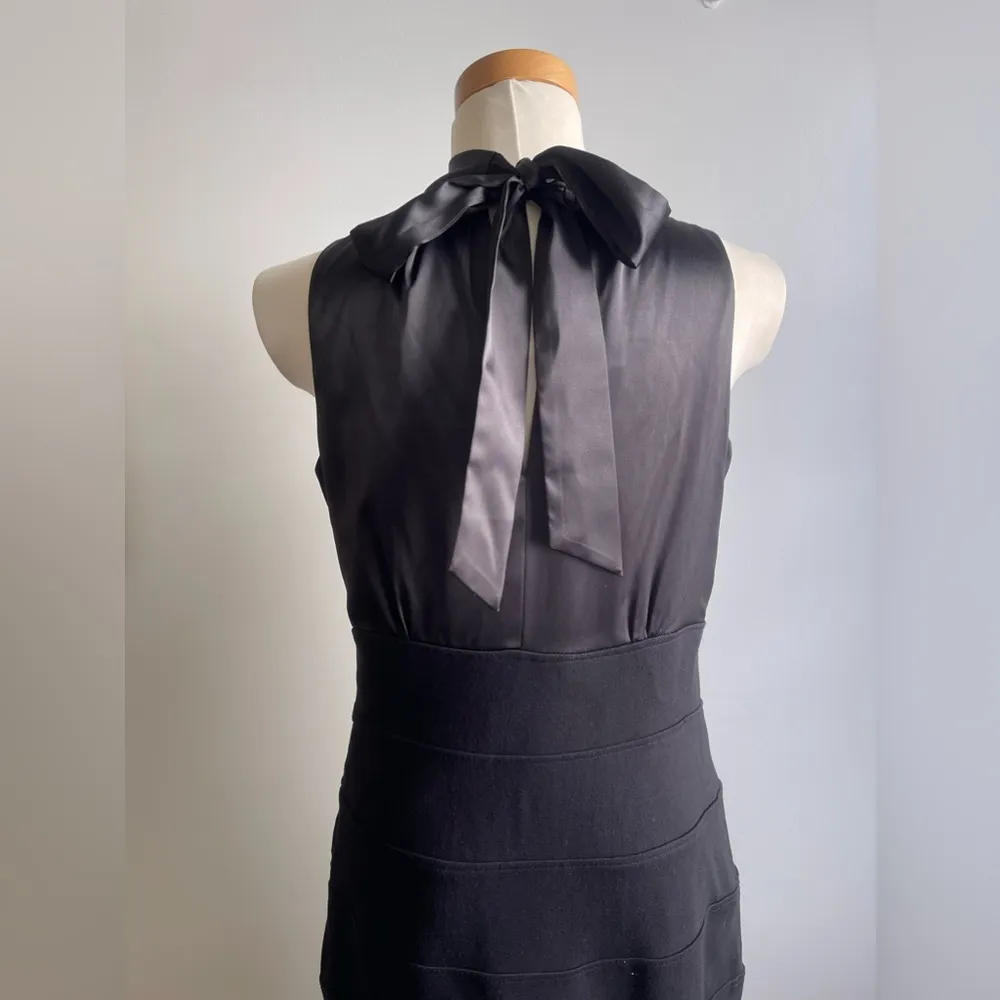 Donna Ricco NY Black Satin Sleeveless Bandage Dress 8 Bodycon High Neck Bow - Image 4