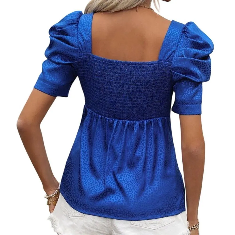 Ruched Sweetheart Neckline Waist Cinched Shirt in Blue, Size M​​ - Image 2