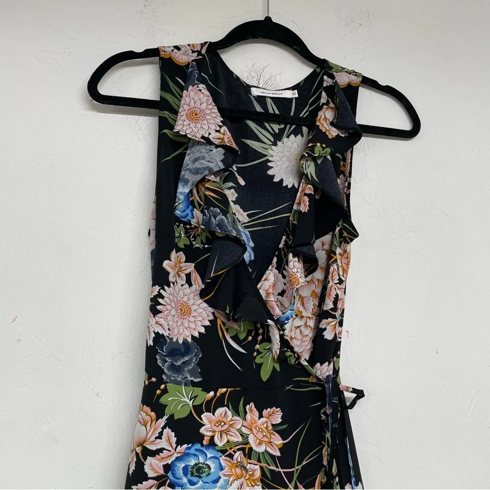 Hello Molly Black Peach Green Floral Mini Wrap Dress Sleeveless Ruffled Women 10 - Image 4