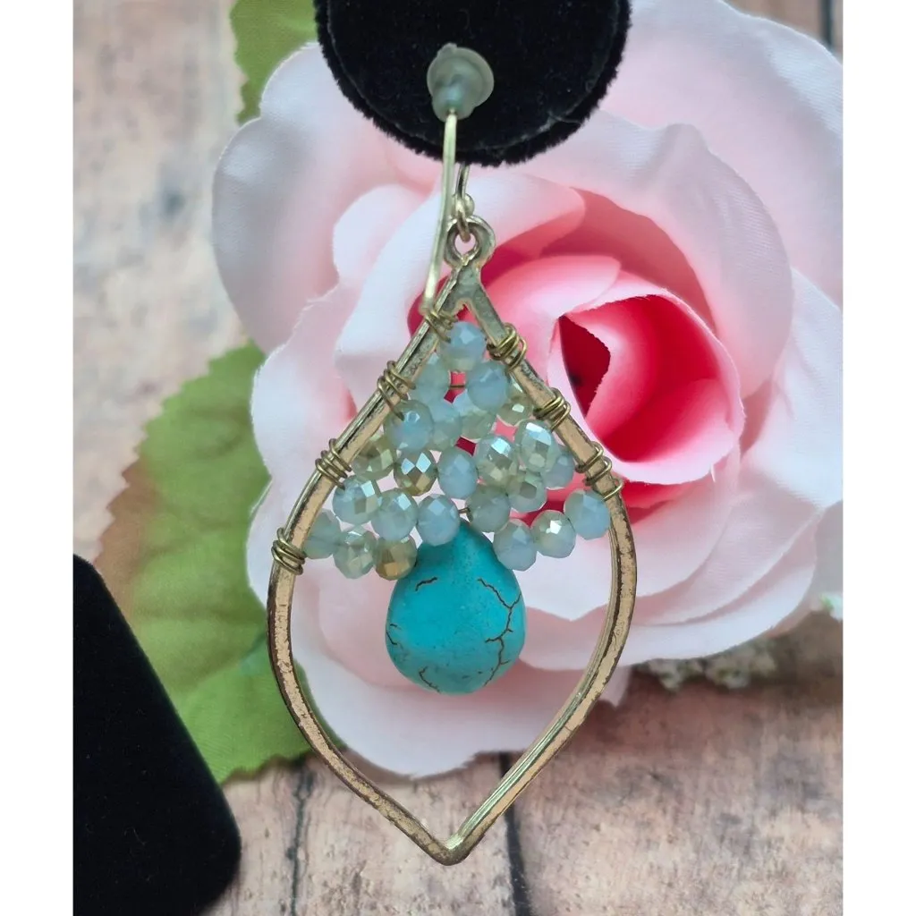 Gold Tone & Faux Turquoise Teardrop Earrings Hook Clasps Faceted Beads Statement - Image 4