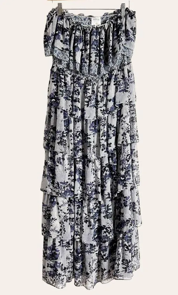 MISA Nadia Purple Blue Strapless Floral Print Tiered Maxi Dress Size M - Image 4