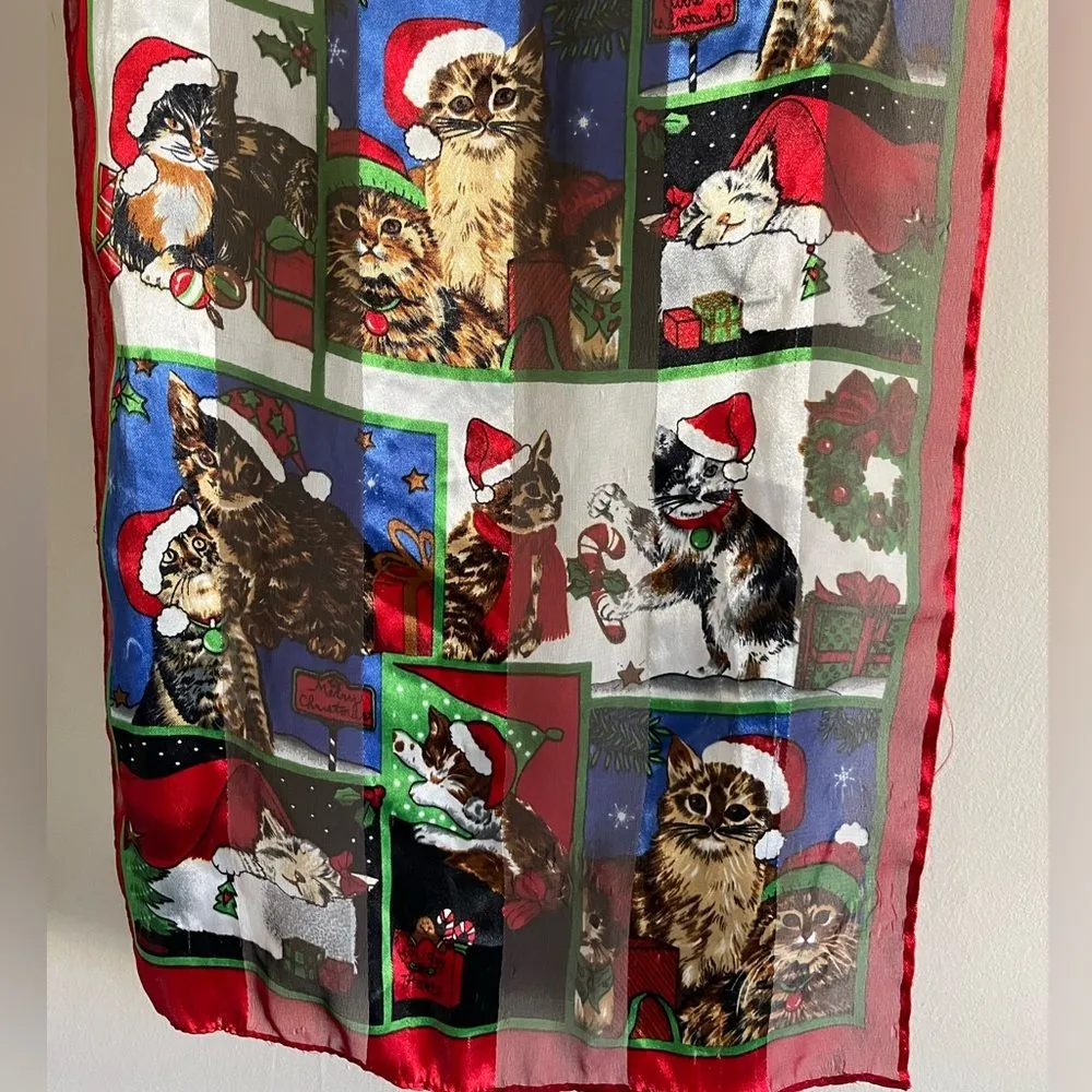 Vintage Christmas Cat Scarf Sheer Red Green Holiday Kitty Print Accessory - Image 3