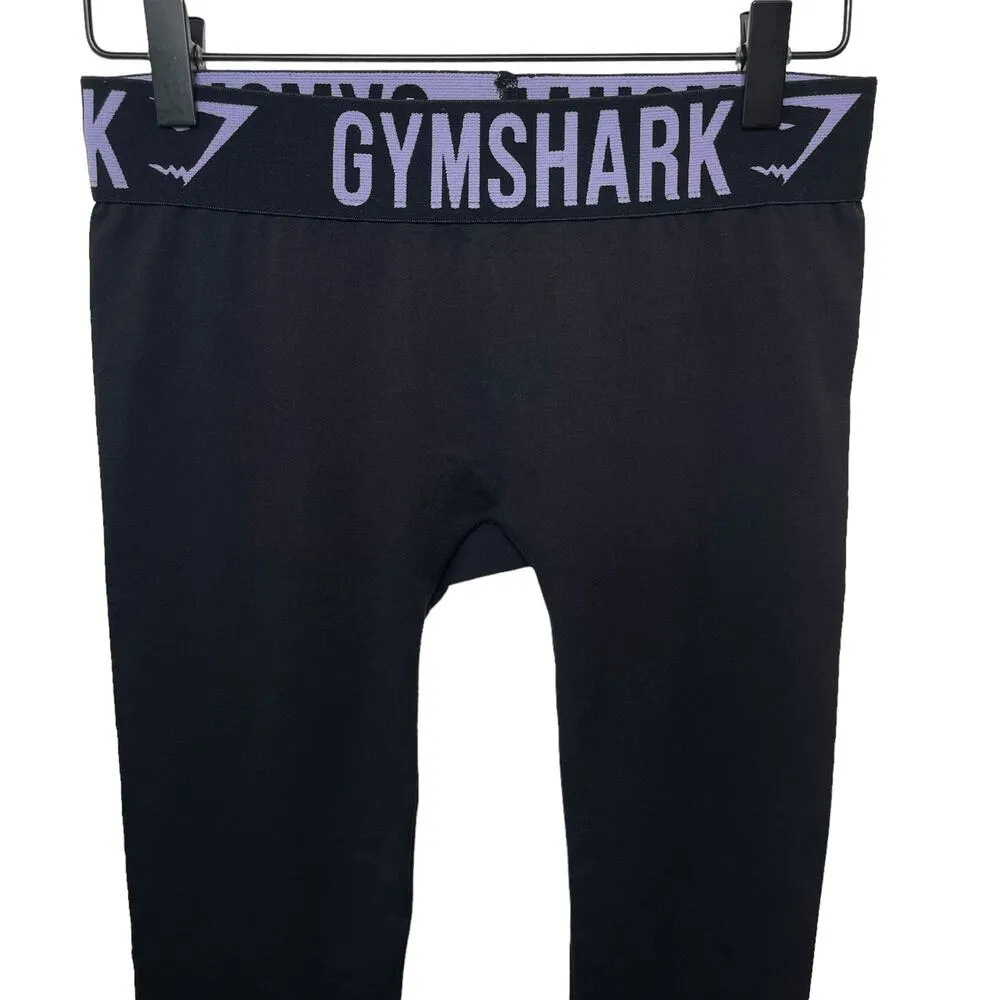 Gymshark Black Compression Tights Leggings Purple Lettering Athletic Size Small - Image 2