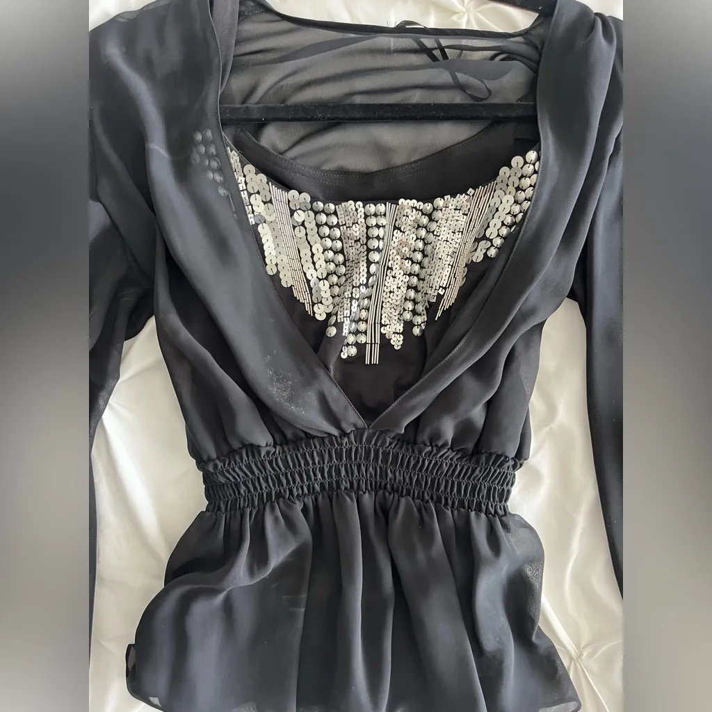 Alex Evenings Black Sheer Blouse with Silver Accents - Image 2