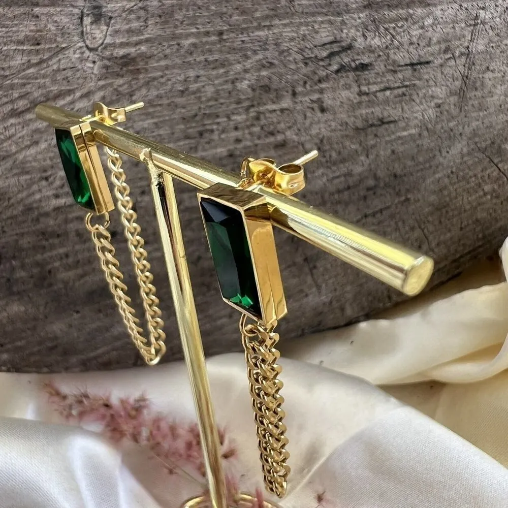 Gold Plated Tassel Emerald Green Earrings Stainless Steel Chain womens jewelry - Image 7