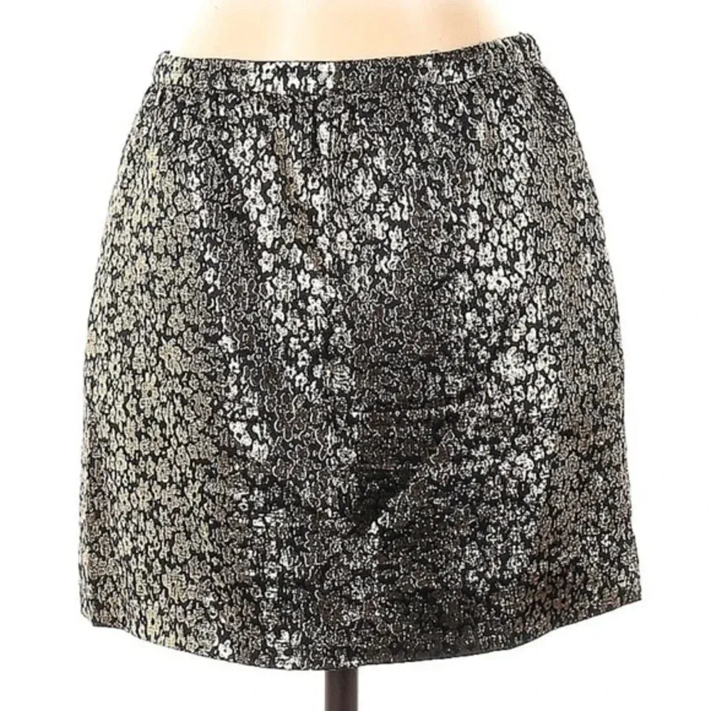 J. Crew Collection Silk Metallic Silver Navy Formal Print Mini Skirt Size 2 - Image 2