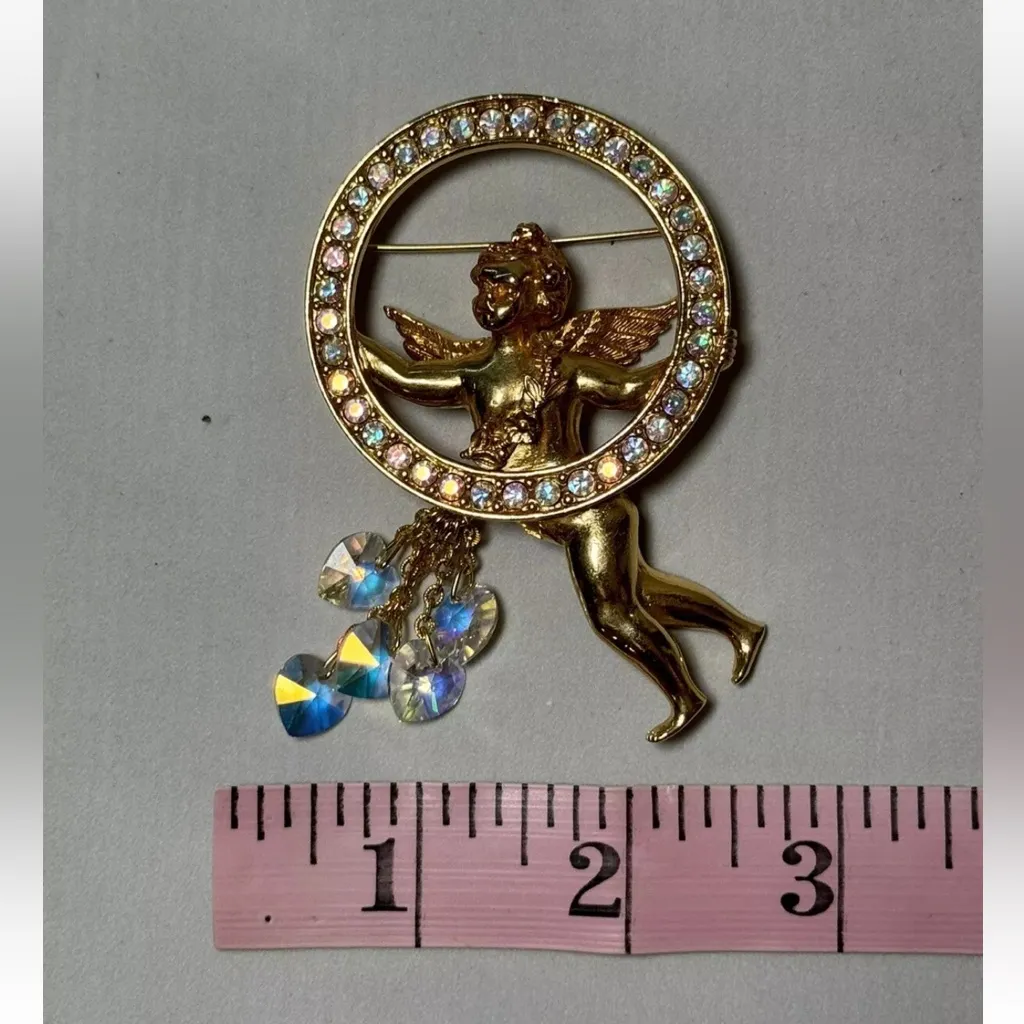 KIRKS FOLLY Angel w Rhinestones Wreath Hearts Dangles Gold Tone Brooch Pin - Image 6