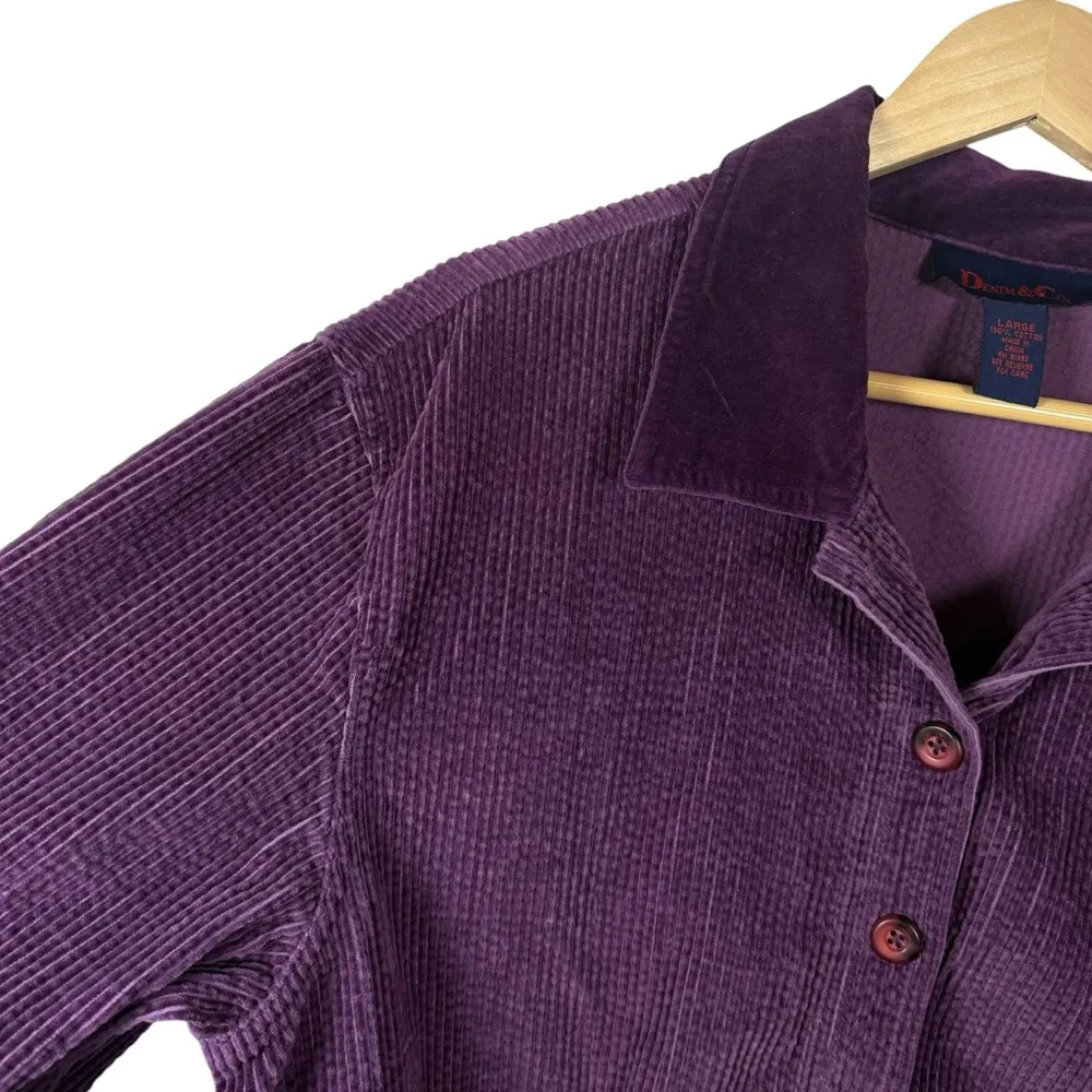 VINTAGE Y2K Denim & Co Corduroy Velvet Button Front Jacket in Purple Size Large - Image 8