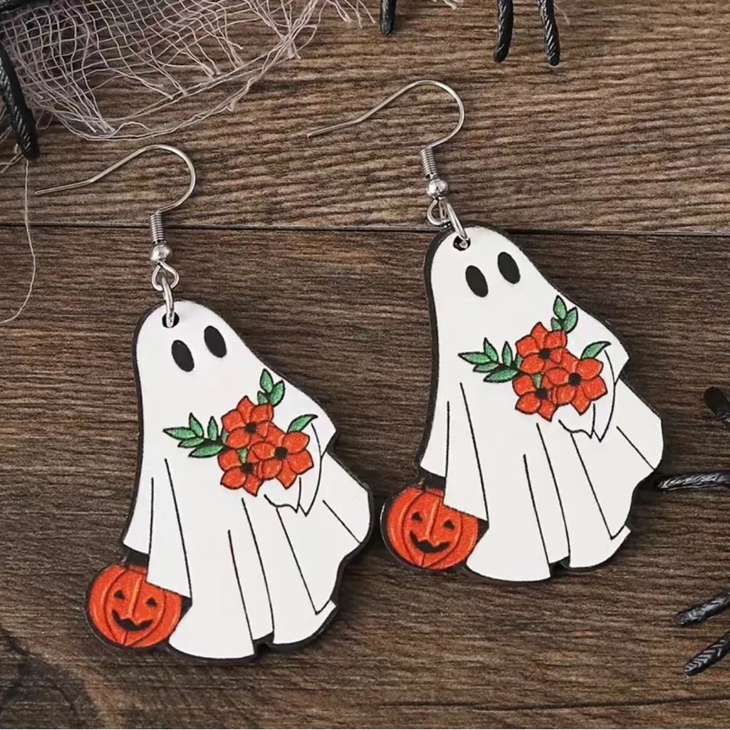 White Ghost Pumpkin Pattern Dangle Earrings Retro‎ Cute Style Wooden Jewe… - Image 4