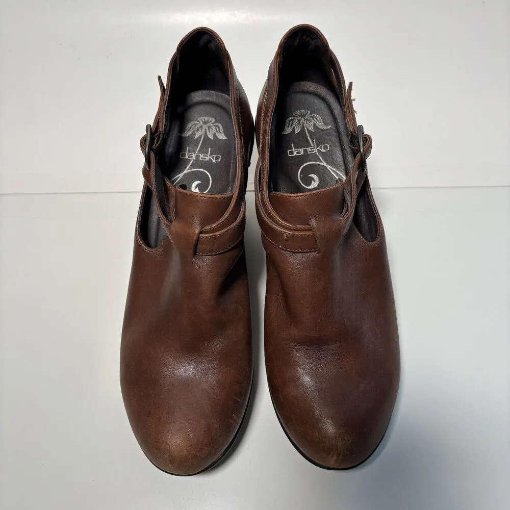 Dansko Franka Chocolate Brown Leather Buckle Ankle Bootie Wedges 40 Chunky Heels - Image 2