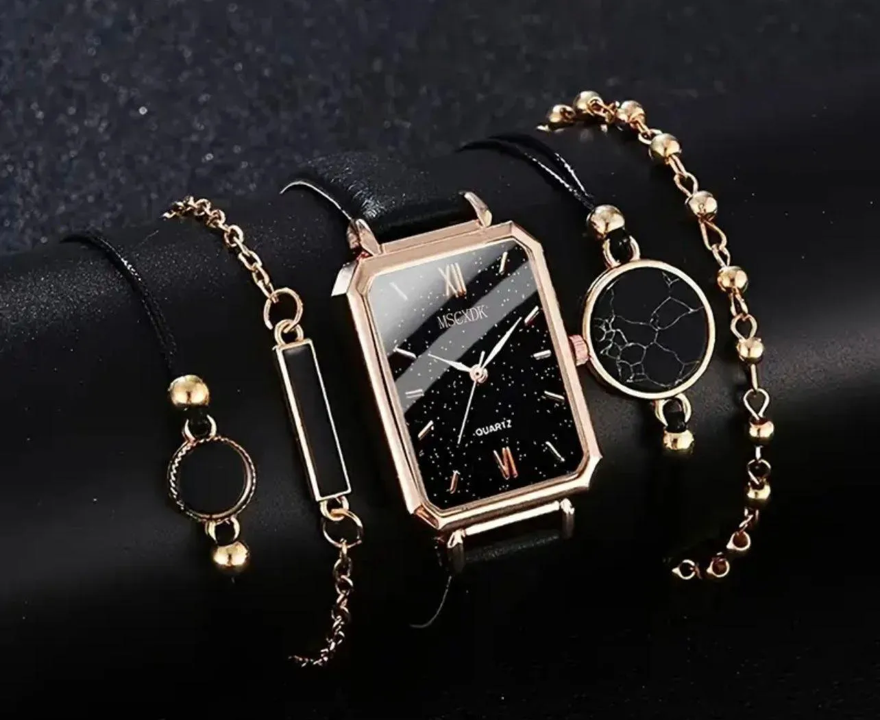 Elegant Women's Quartz Watch with 4 Matching Bracelets 5 Piece Set Black - Image 2