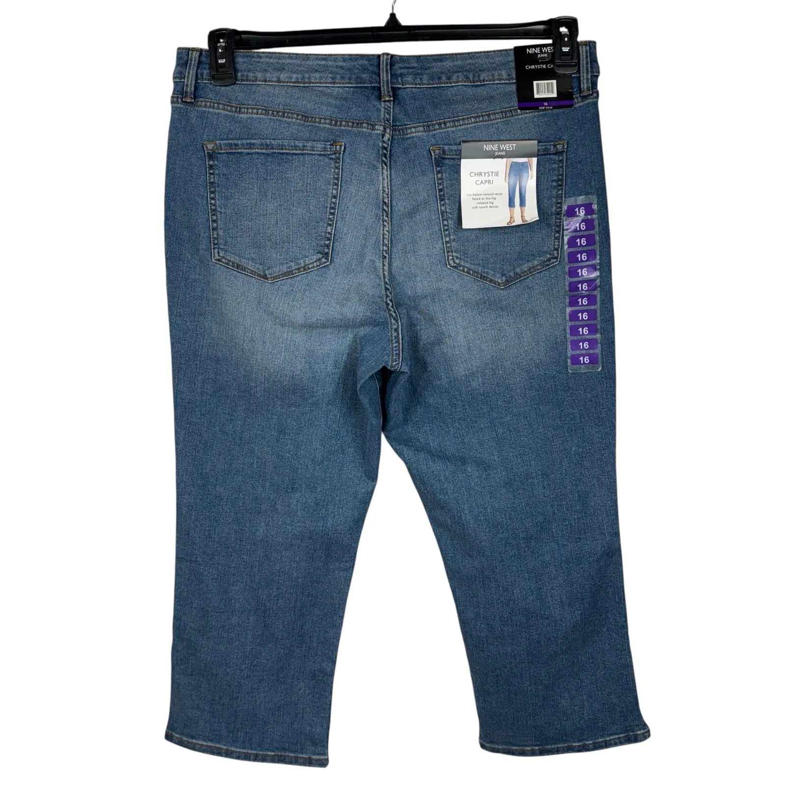 Nine West SZ 16 Chrystie Jeans Capris Stretch Hi-Rise Pockets Slits Zip-Fly Blue - Image 5