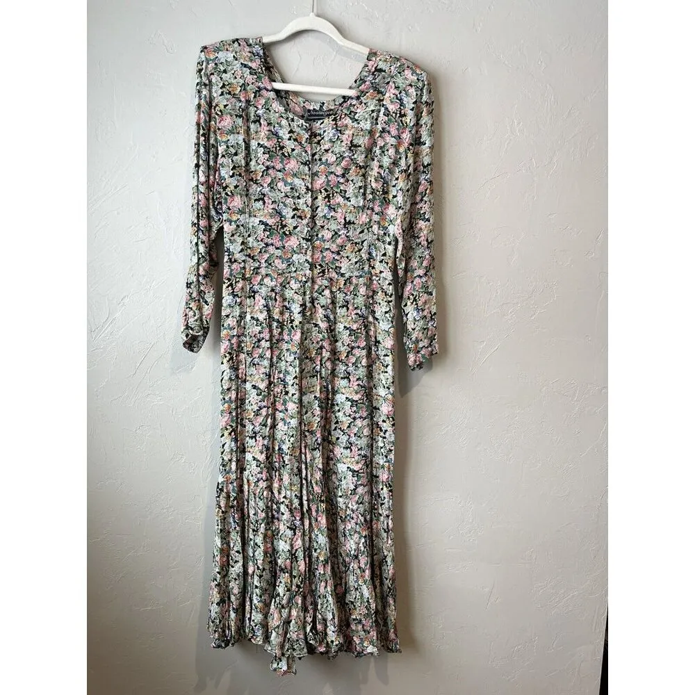 vintage nostalgia dress Floral Maxi Cottage Pleated 90s 80s‎ Coquette Feminine M Green Size M - Image 3