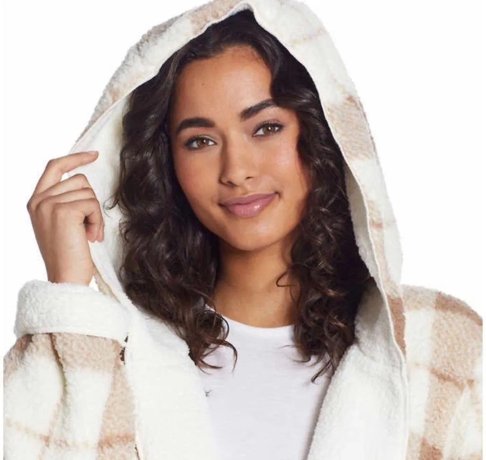 Weatherproof Beige Plaid Ivory Reversible Sherpa Hooded Cardigan S/M - Image 6