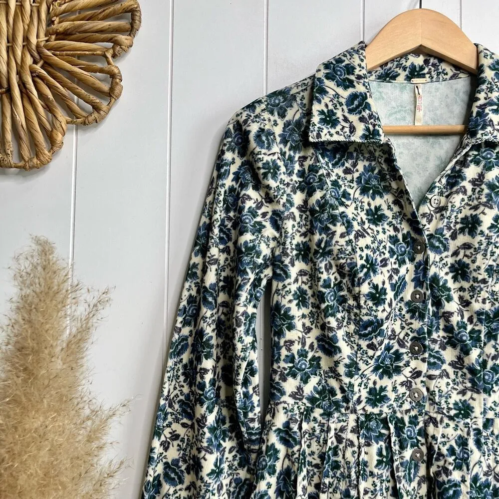 Free People mini dress corduroy floral pleated long sleeve - Image 2