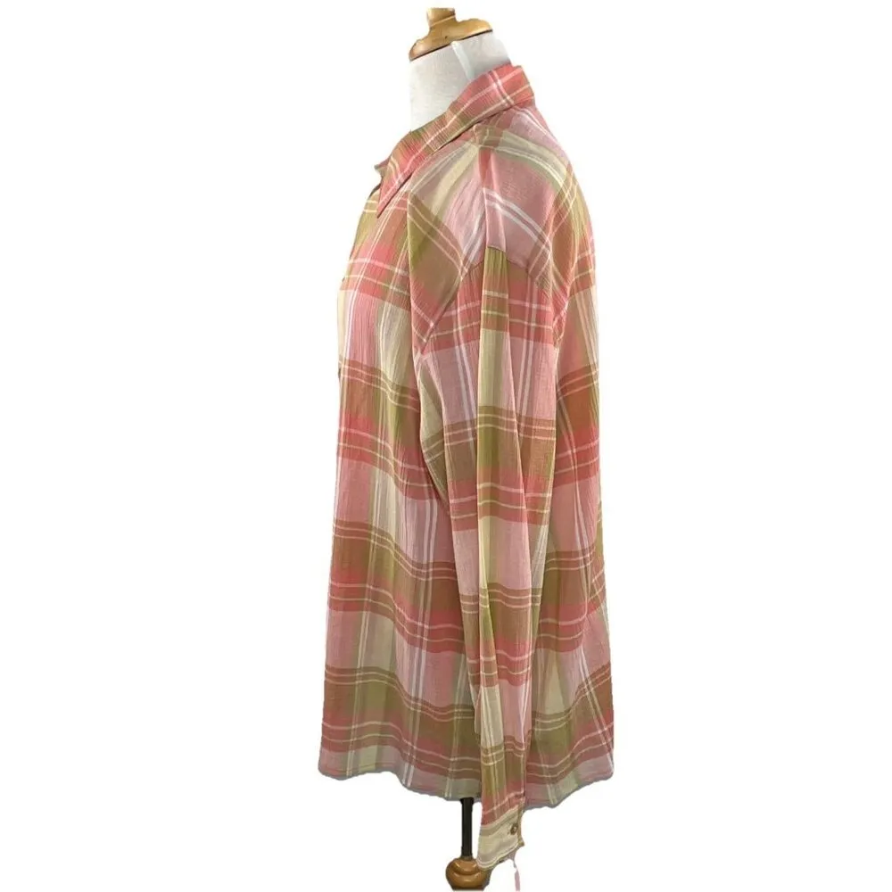 Easy Spirit Sz 14 Sheer Plaid Button Shirt + Matching Camisole Pink and Green - Image 3