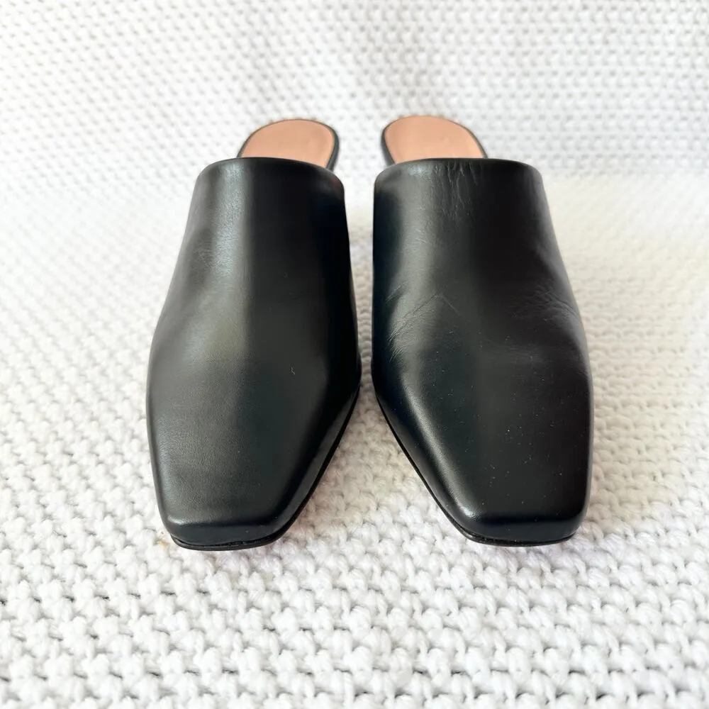 Max & Co. NIB Black Leather Acromino Square Pointed Toe Round Block Heel Mules 7 - Image 5