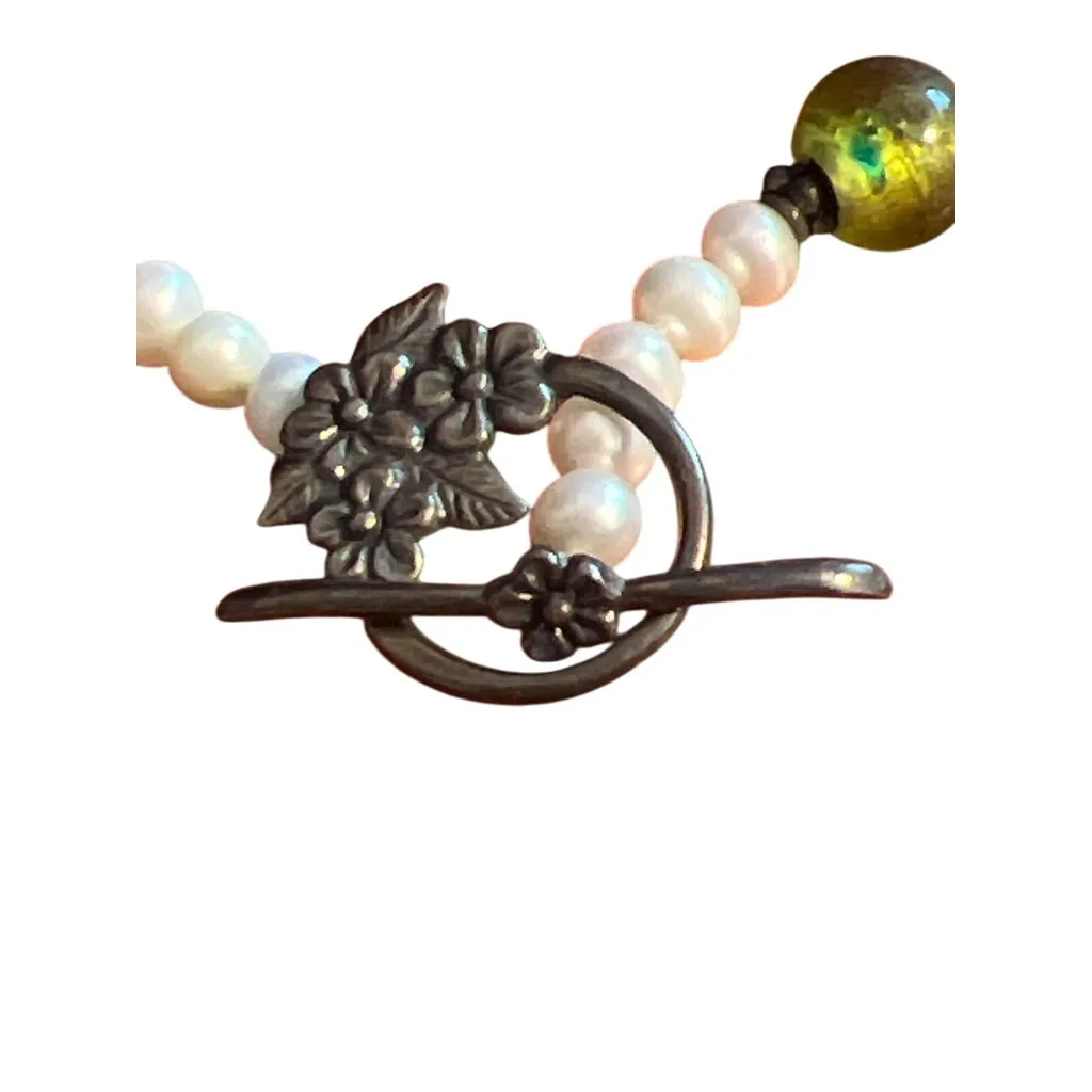 Vtg Sterling Silver Pearl Glass Crystal Necklace Toggle Clasp Lampwork Estate 17 White - Image 4