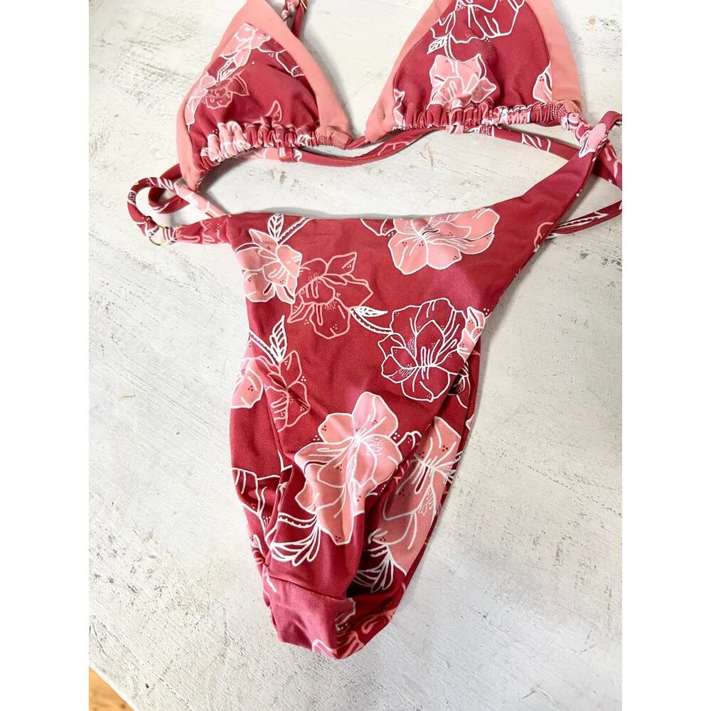 KB Swim Floral Bikini Top & High Leg Bikini Bottom Set Red/Pink Women's Size S Red - Image 2