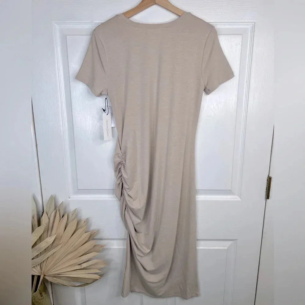 Treasure & Bond Women's Beige Oatmeal Ruched Side T-Shirt Midi Dress Size M - Image 2
