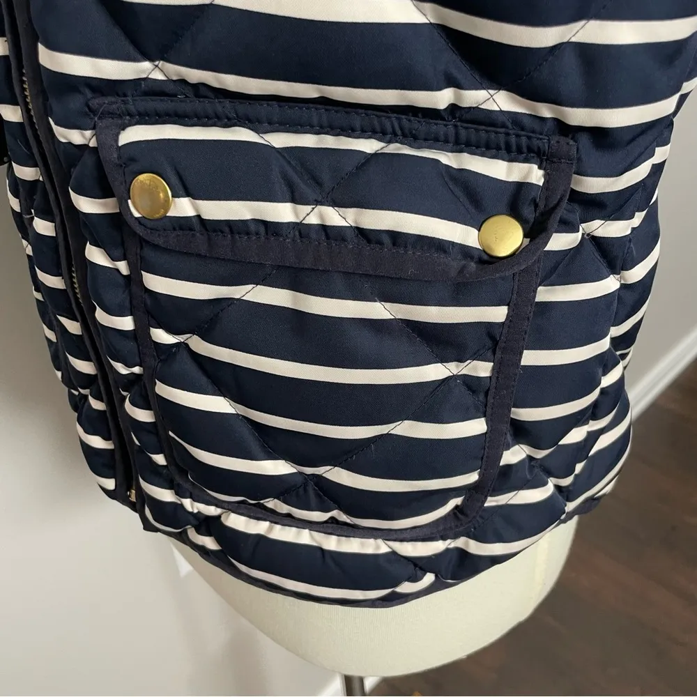 J Crew Vest Puffer Down Feathers Full Zip Striped Pockets Lined Blue Cream Gold - Image 5