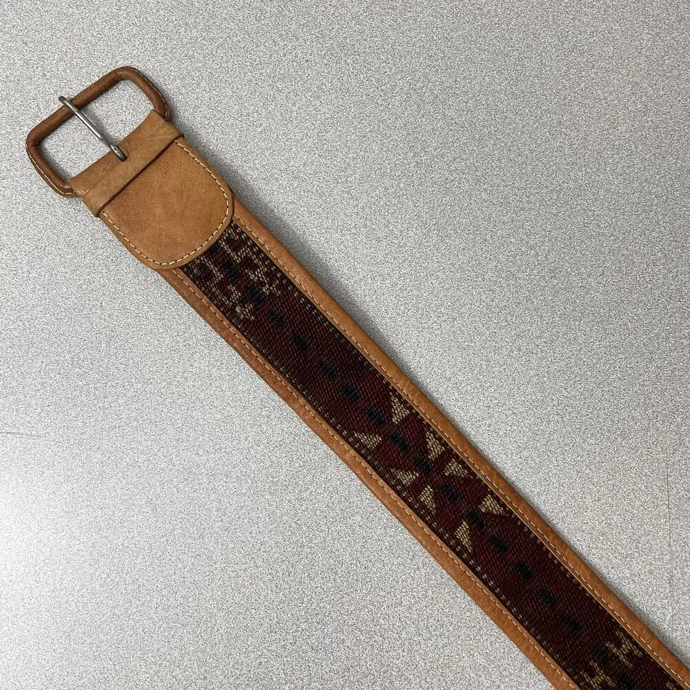 Vtg Western Leather Blanket Woven Belt Mens Large Woven Native Pattern Western Brown - Image 3