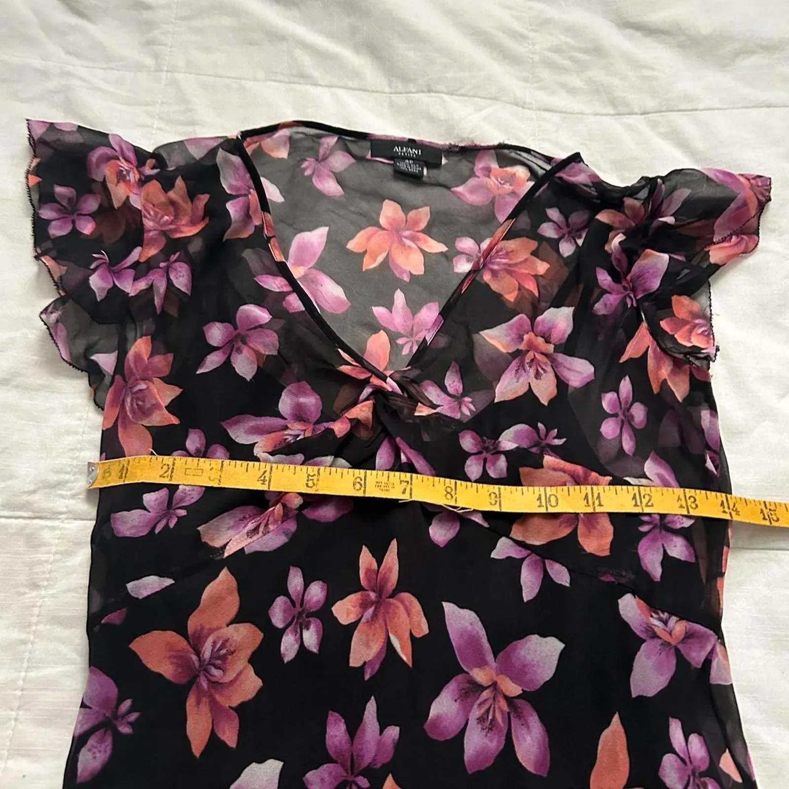 Alfani silk purple pink black floral midi dress babydoll styling flutter sleeves - Image 7