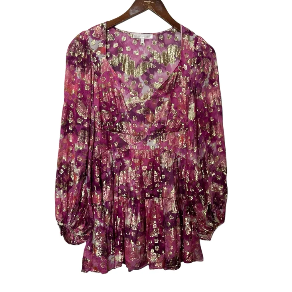 LoveShackFancy Willis V-Neck Metallic Gold Pink Mini Dress Balloon Sleeve Size 2 - Image 2