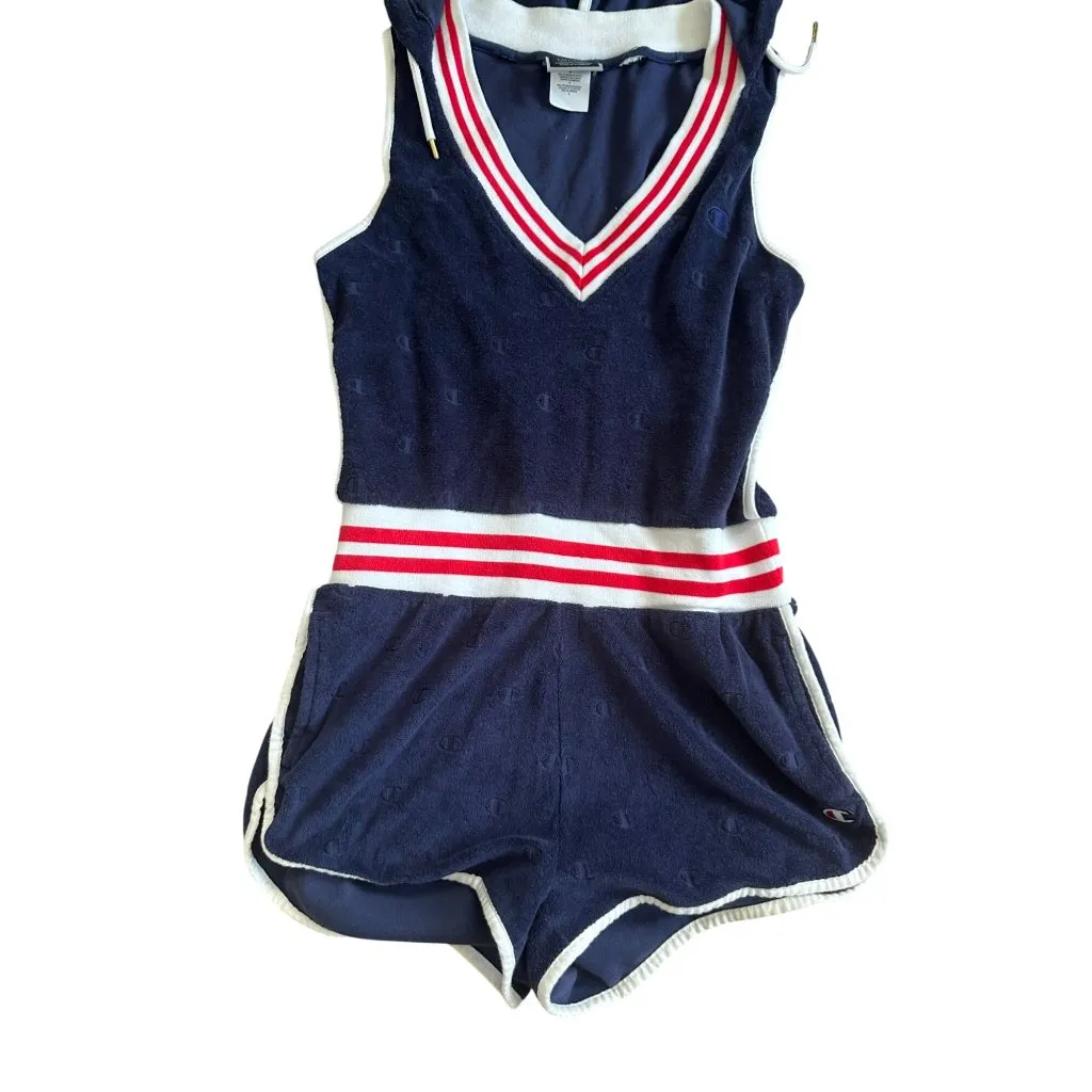 CHAMPION Women's Navy Blue Terry Hooded Romper Size Small - Image 7