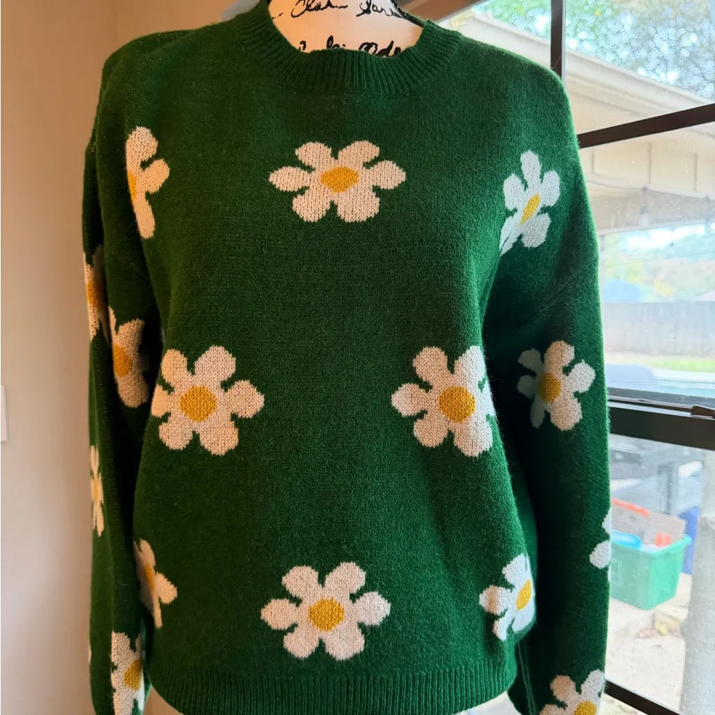 SHEIN Green Floral Crew Neck Sweater - Image 4