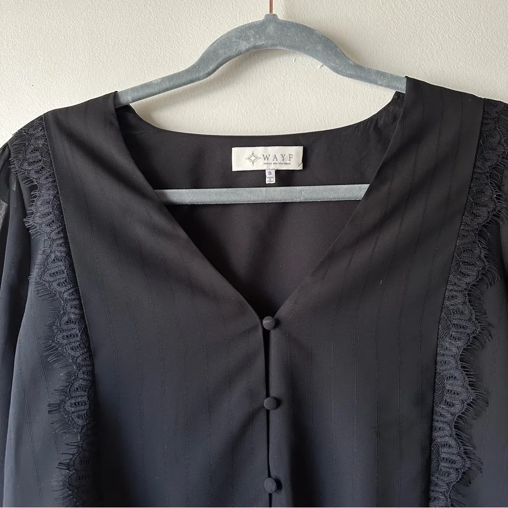 Wayf Black Sheer Western Rodeo Lace Trim Long Sleeve Tie Front Blouse Size S - Image 5