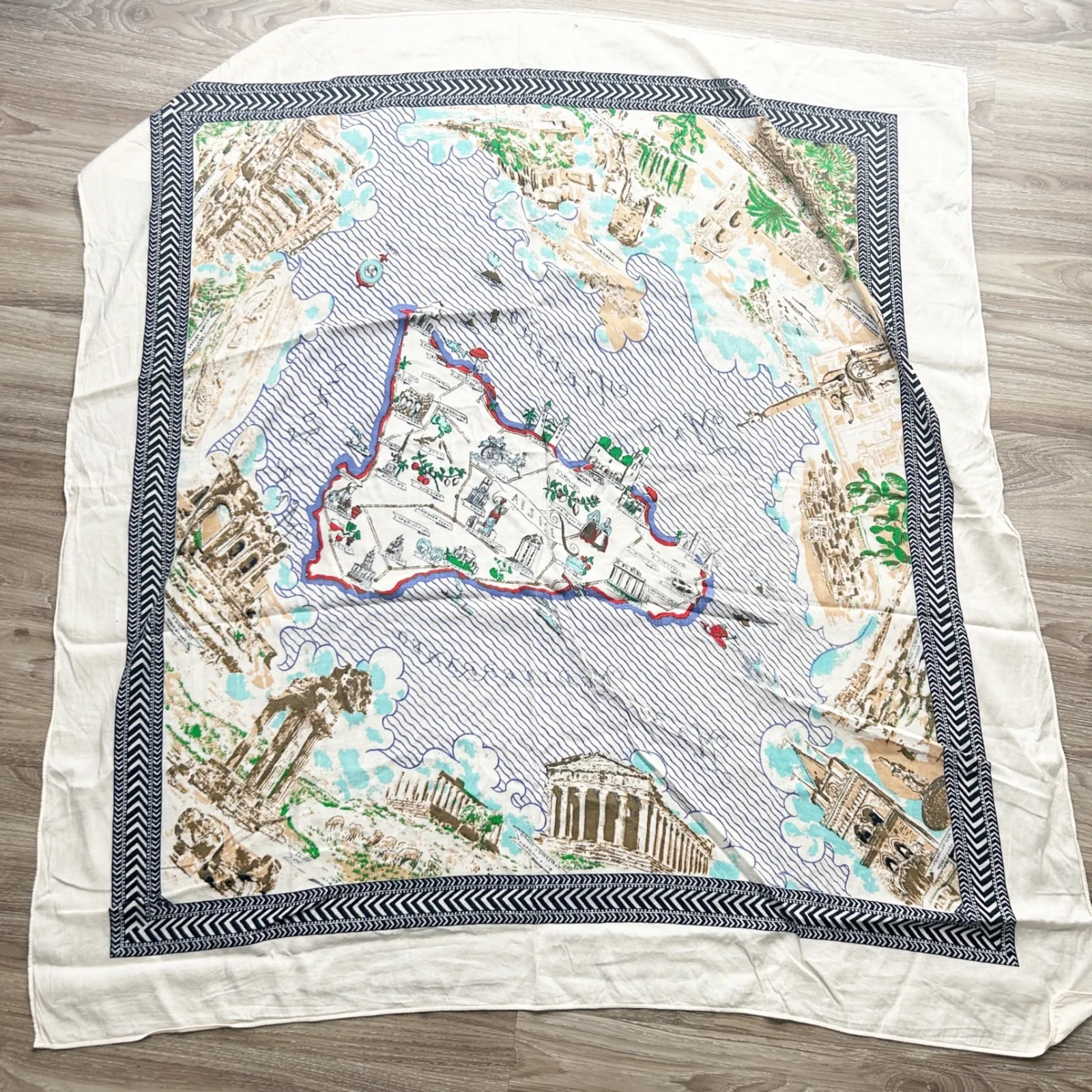 J. Crew Cotton Blend Sicilia Scarf Map Print Italy Mediterranean Travel Square - Image 4