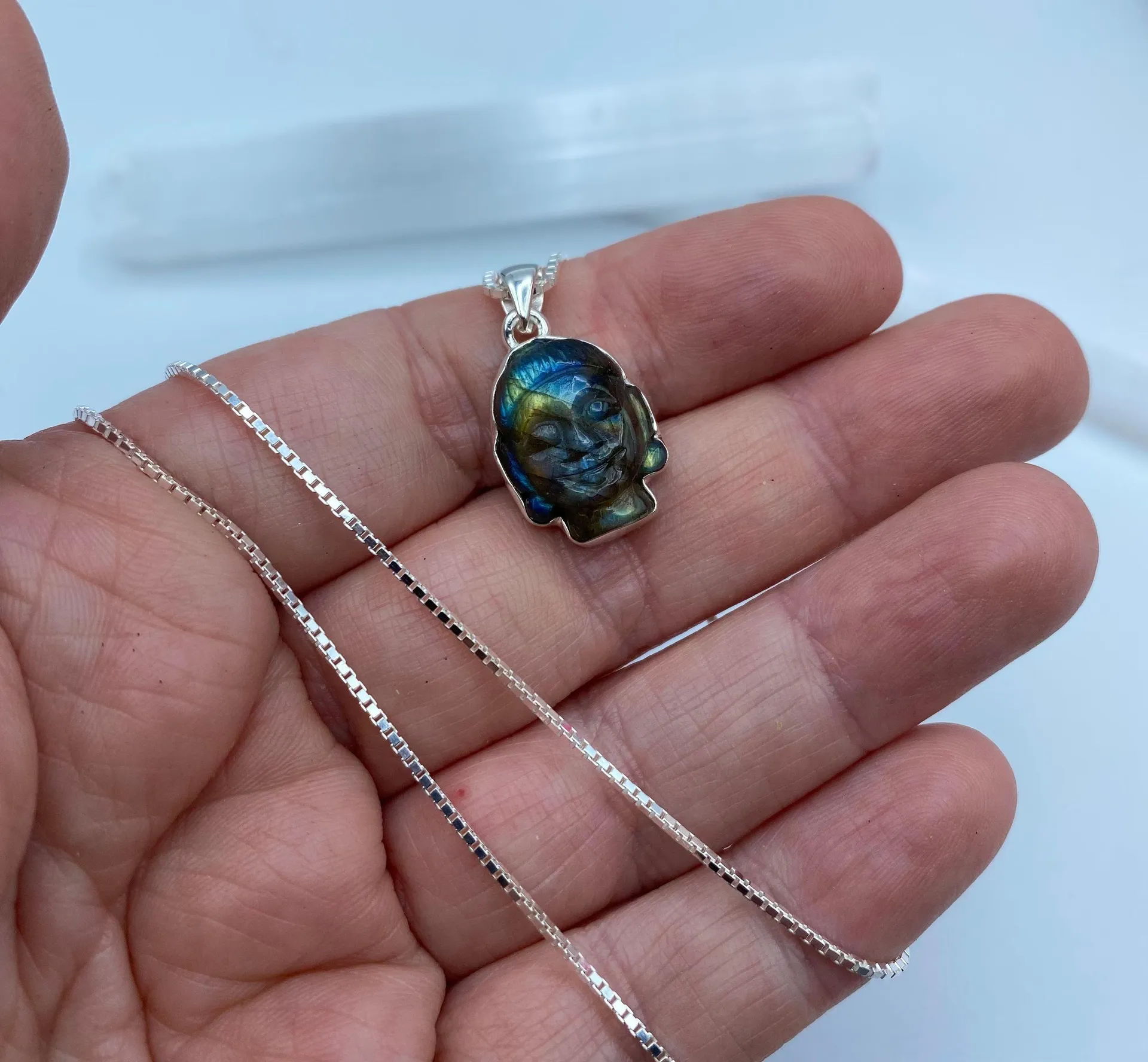 Buddha Carved Labradorite Solid Sterling Silver Necklace - Image 4