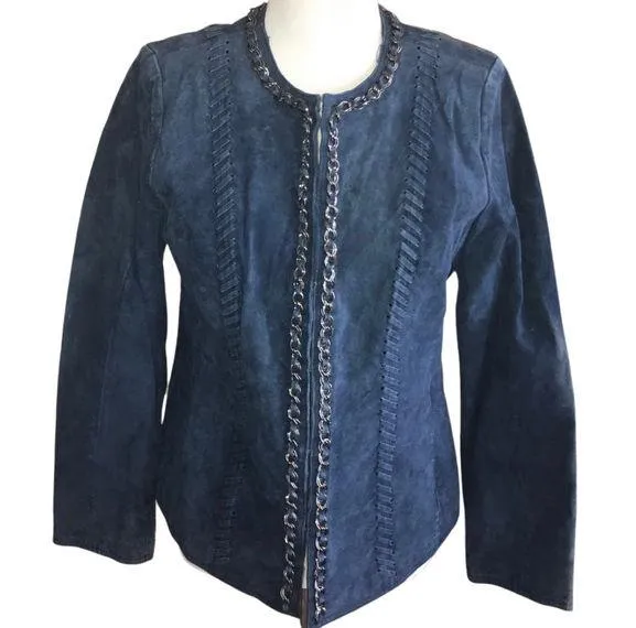 HAL RUBENSTEIN BLUE ZIP CLOSE CHAIN AND LEATHER ACCENT LEATHER JACKET MEDIUM - Image 1