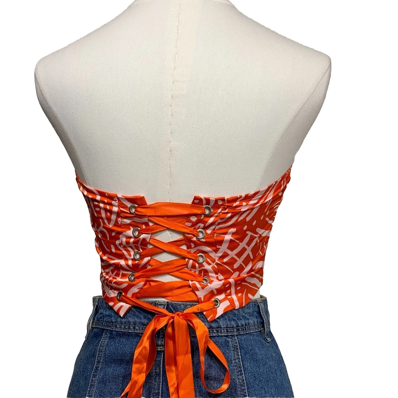 SHEIN Orange White Print Strapless Corset Lace-Up Back Top Size XS - Image 3