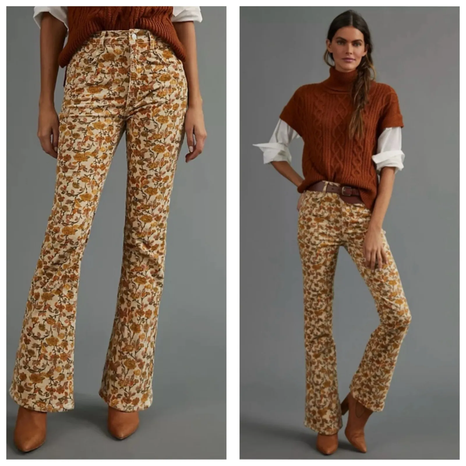 Anthropologie Pilcro The Icon Corduroy Floral Flare Pants Size 25 Yellow 70s - Image 2