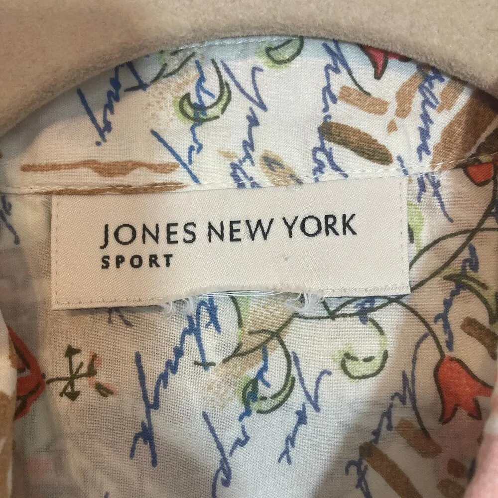 Jones New York Sport Cotton Multicolor Floral Cap Sleeve Button Shirt Blouse Top - Image 3