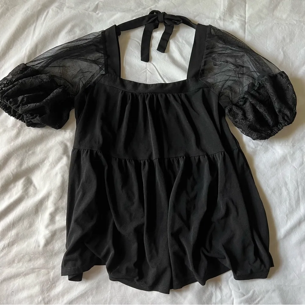 TEMPTED hearts lace puff sleeve organza baby doll top solid black size small - Image 6