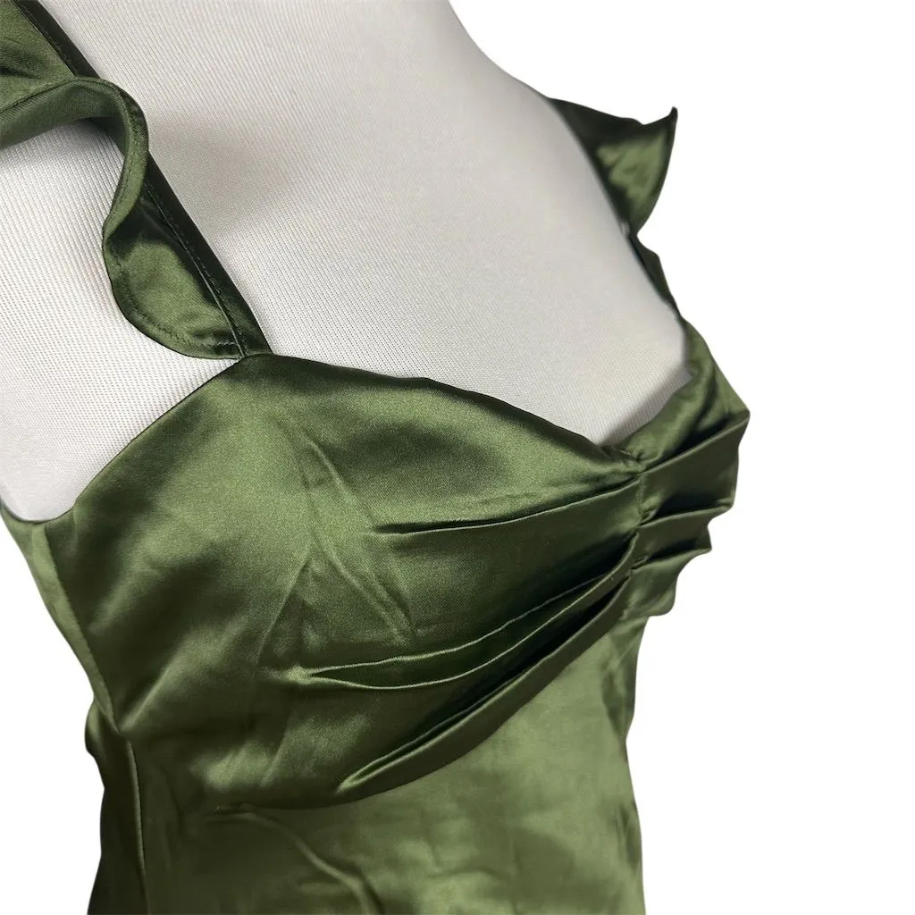 NWT Lulus Women's Exuberant Luxury Green Satin Ruffled Lace-Up Maxi Dress M - Image 5