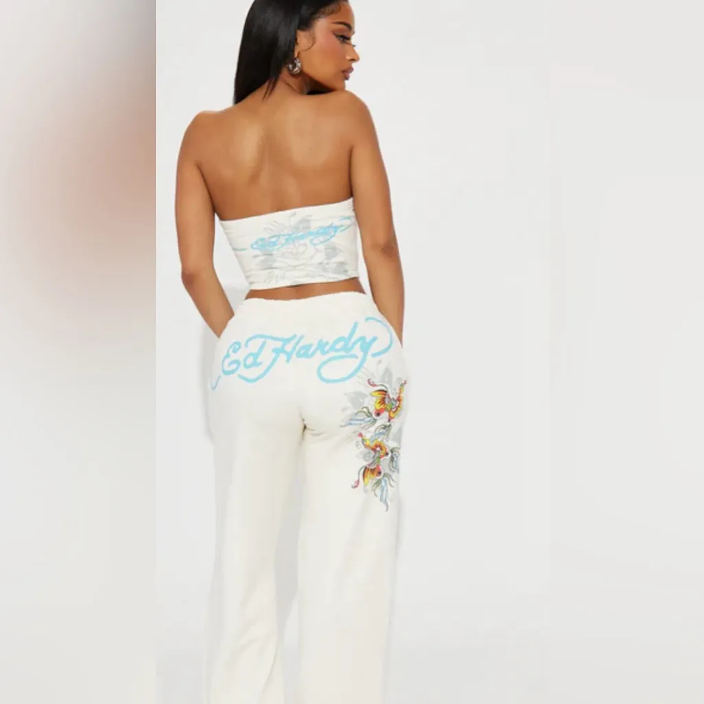 Ed Hardy Cream Tube Top/Sweatpant set with Colorful Butterfly Design - Image 3