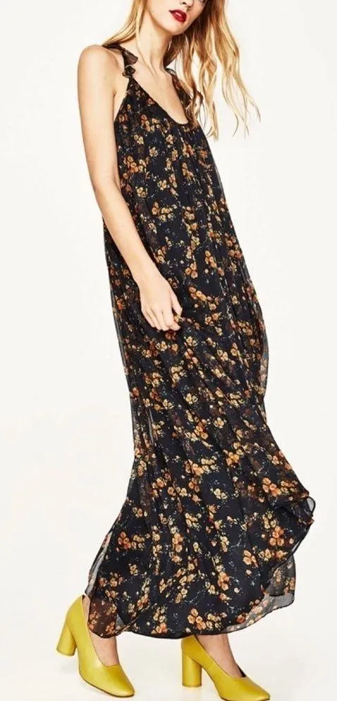 Zara Floral Sheer High Low Dress Halter Ruffles Size Small Orange Black - Image 2