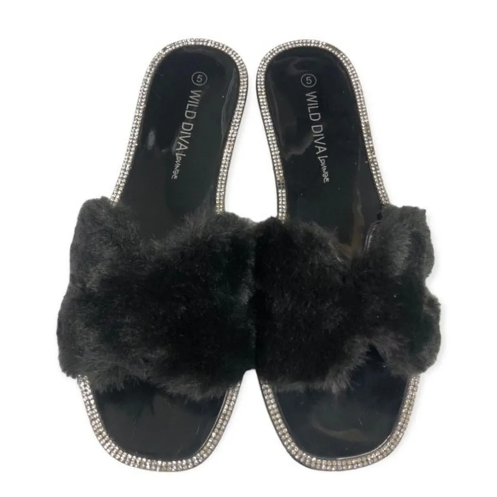 Wild Diva Lounge Black Faux Fur Rhinestone Slides - Image 77