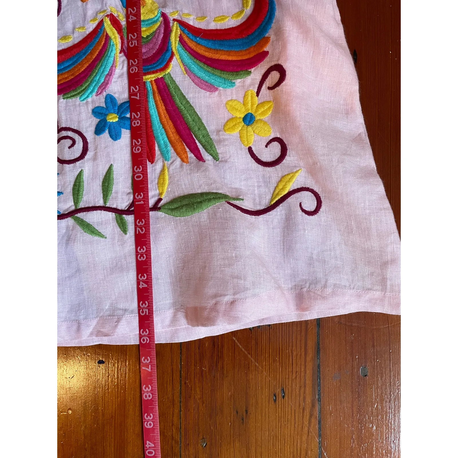Sister Mary Embroidered Linen Tunic Dress Boho Mexican Floral Birds L Pink Size L - Image 7