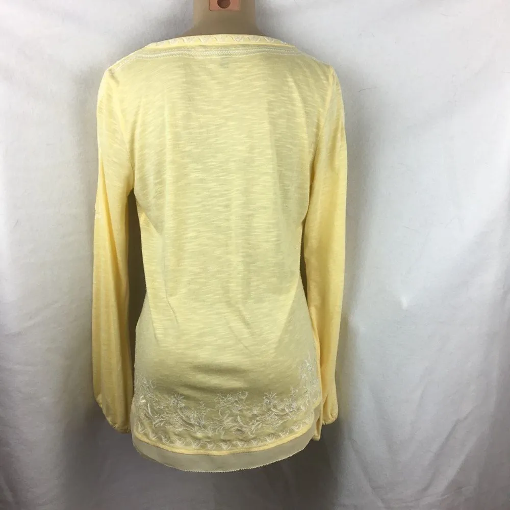 Yellow Cotton Long Sleeve Embroidered Boho Peasant Top S - Image 3