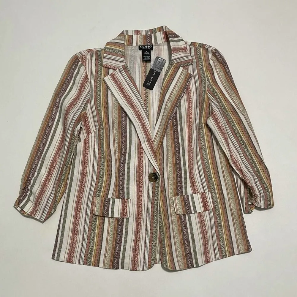 Soho Apparel Striped Linen One Button Ruched Sleeve Blazer White Orange Medium - Image 7