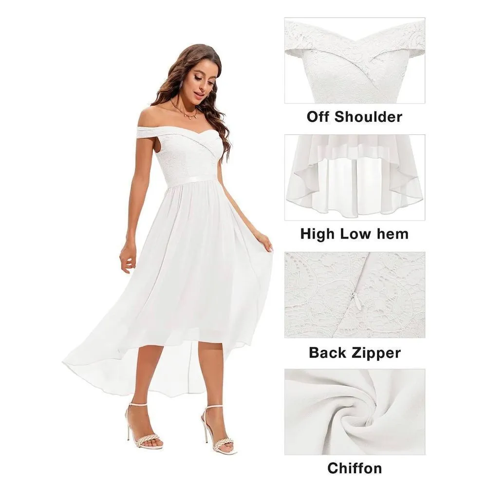 NEW Lace Chiffon Long Dress Off The Shoulder Formal 2X White - Image 7