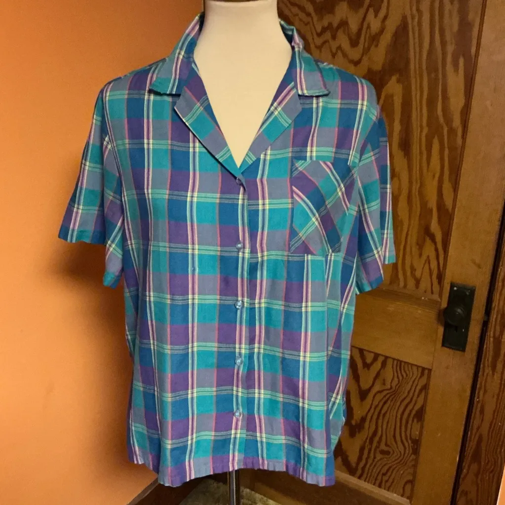 Vtg 70s Colorful Plaid Button Down Shirt Size L - Image 3