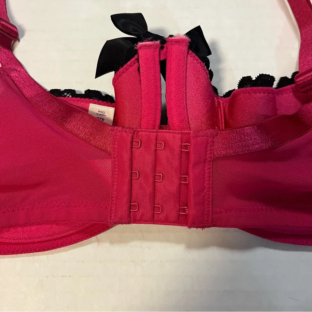 Cacique Bra Hot Pink w/ Black Lace & Bows Balconette Bra Sz 42D EUC Valentines! - Image 6