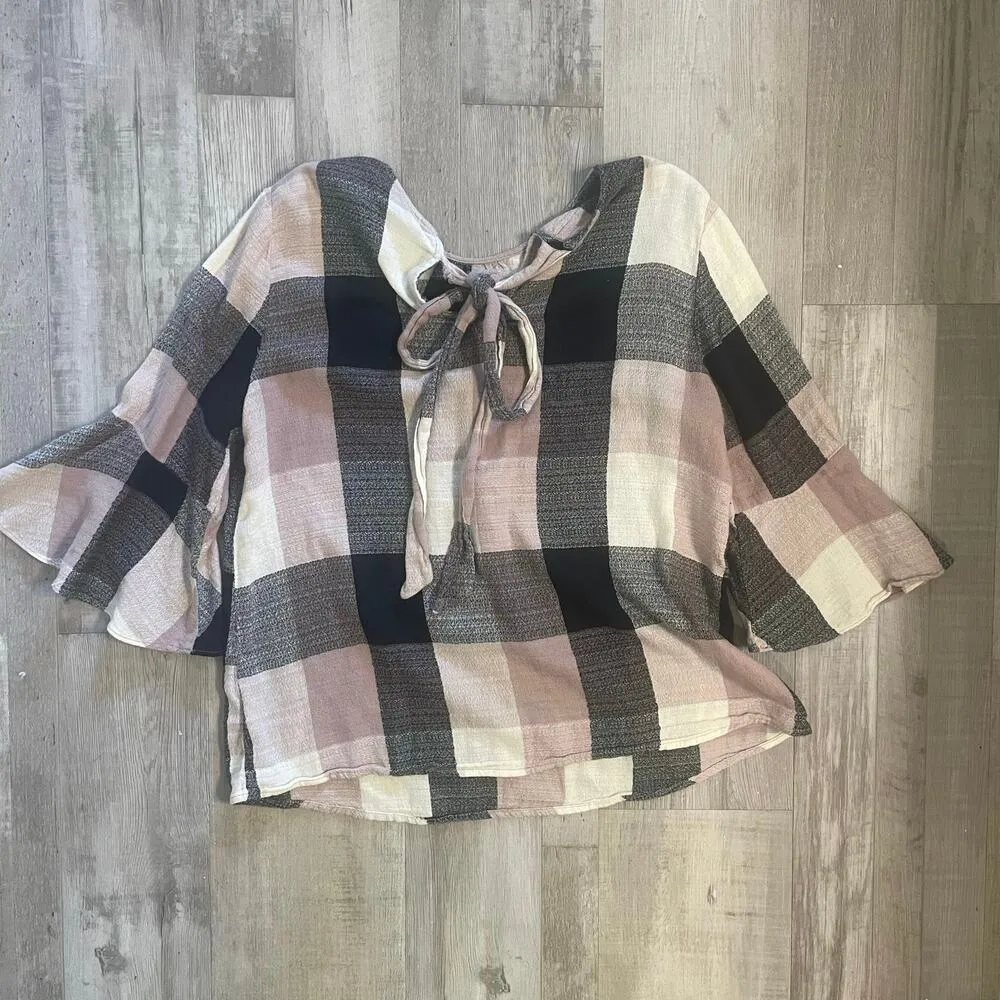 Ro & De Plaid Bell Sleeve Bow Back Blouse sz Medium - Image 14
